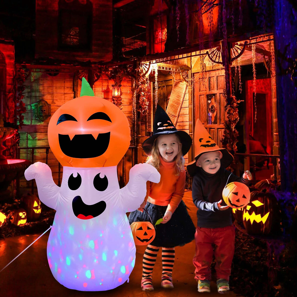 Haunt & Co 5Ft Halloween Inflatable Pumpkin Ghost with 360° Rotating Colorful LED Lights, Cute Indoor/Outdoor Decor