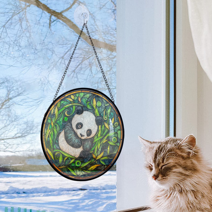Haunt & Co Boho Panda Among Bamboo Stained Glass Suncatcher Stained Glass Window Hanging Home Decor Garden Halloween Christmas Wedding Housewarming Gifts, Stained Glass Ornament 2025