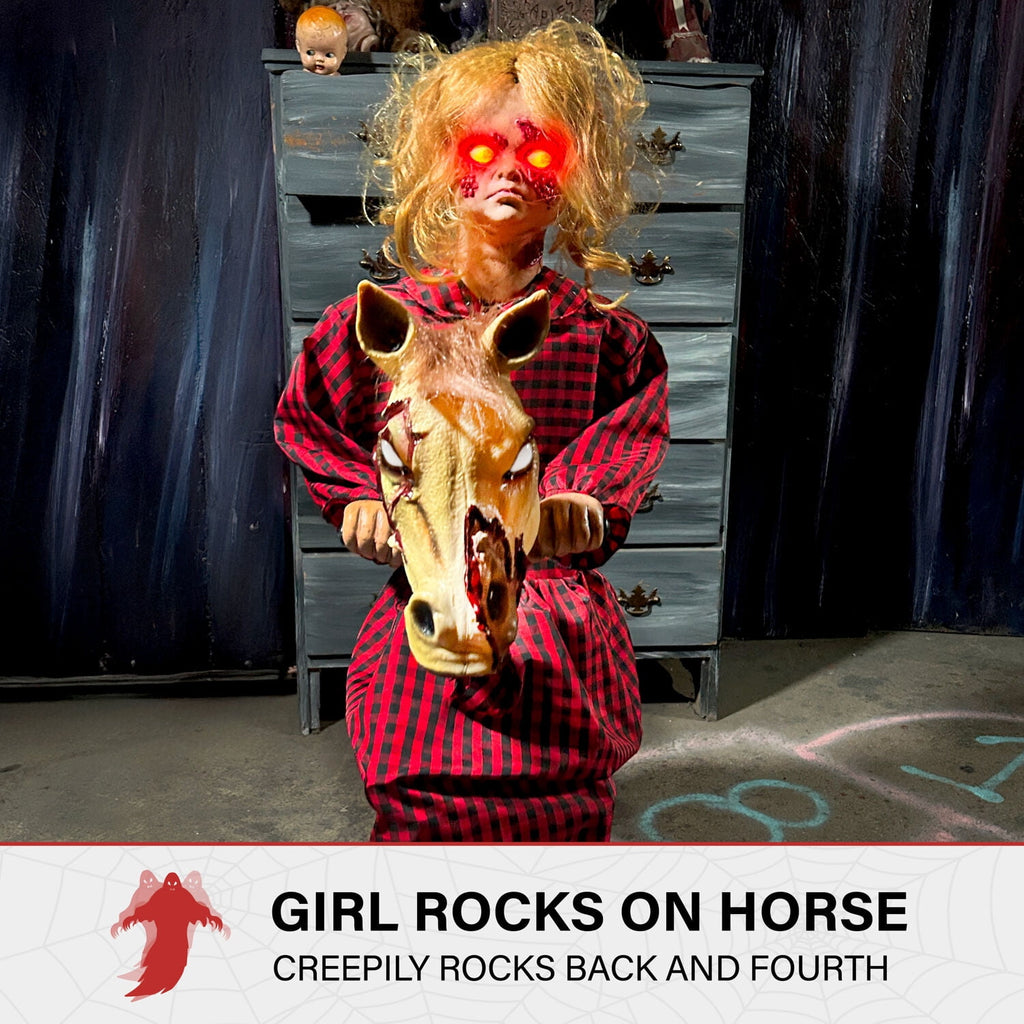 Haunt & Co 3.2 ft Voice & Sound-Sensor Rocking Horse Girl Halloween Animatronic