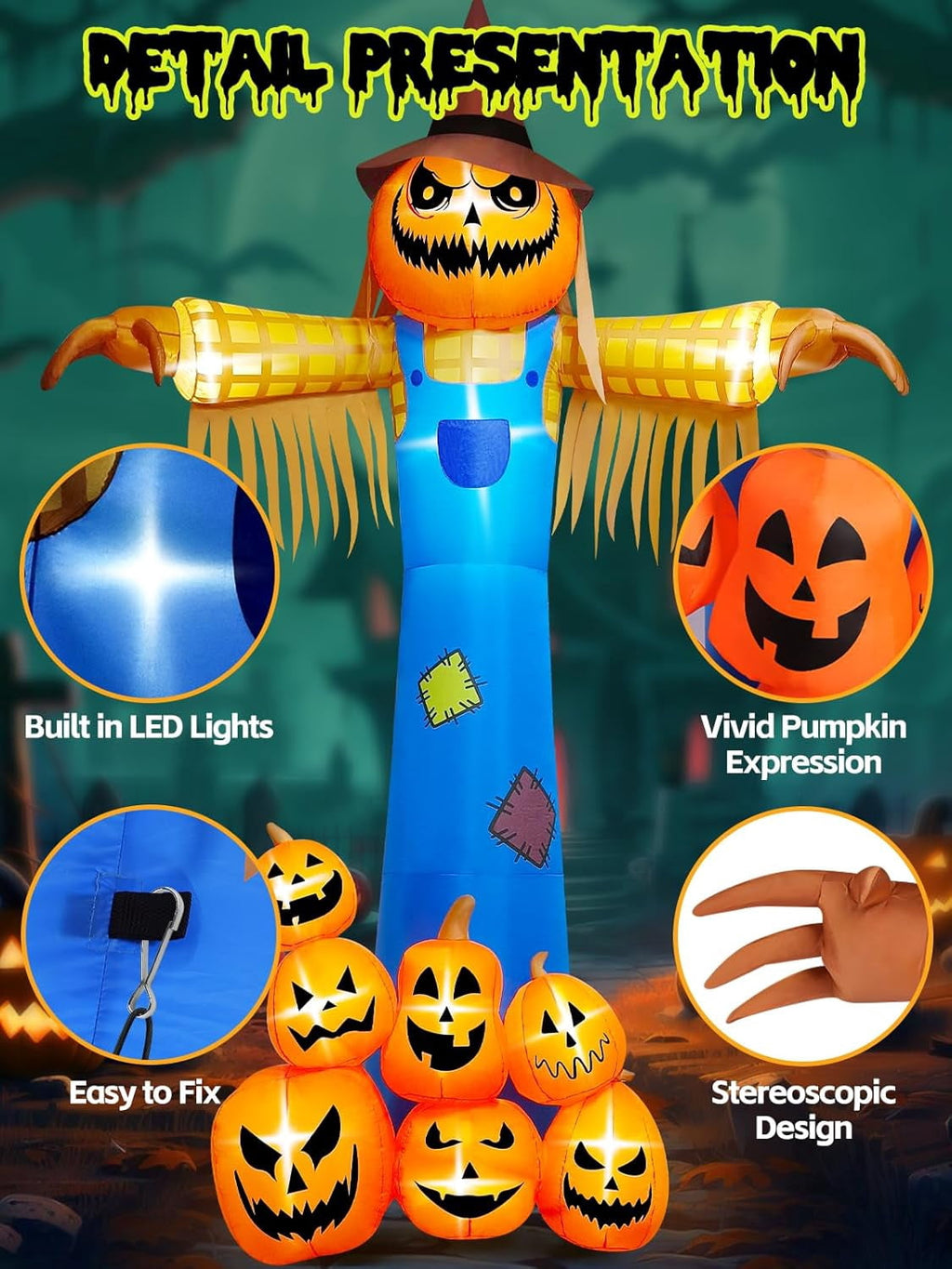 Haunt & Co 12.5 FT Halloween Inflatables with Music, Giant Pumpkin Scarecrow Inflatable with LED Light with Scary Sound