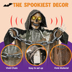 Haunt & Co 67" Standing Grim Reaper with Chain, Large Outdoor, Life Size Animatronics Skelton, Sound-Actived Party Decor with Creepy Sound & LED Eyes, Scary Haunted House Props