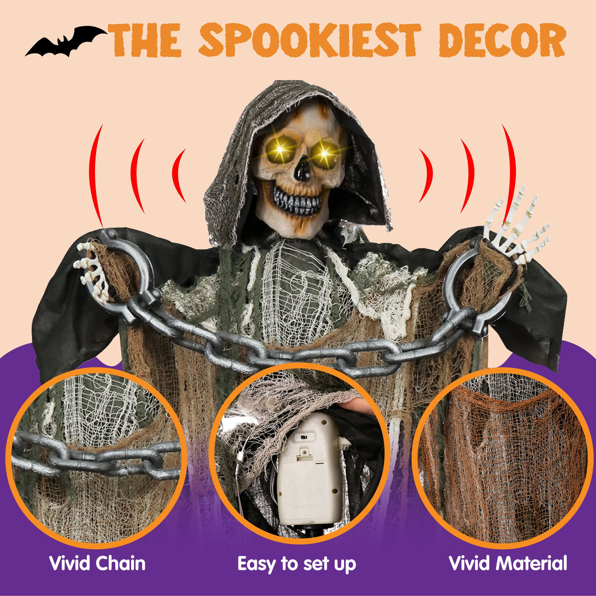 Haunt & Co 67" Standing Grim Reaper with Chain, Large Outdoor, Life Size Animatronics Skelton, Sound-Actived Party Decor with Creepy Sound & LED Eyes, Scary Haunted House Props