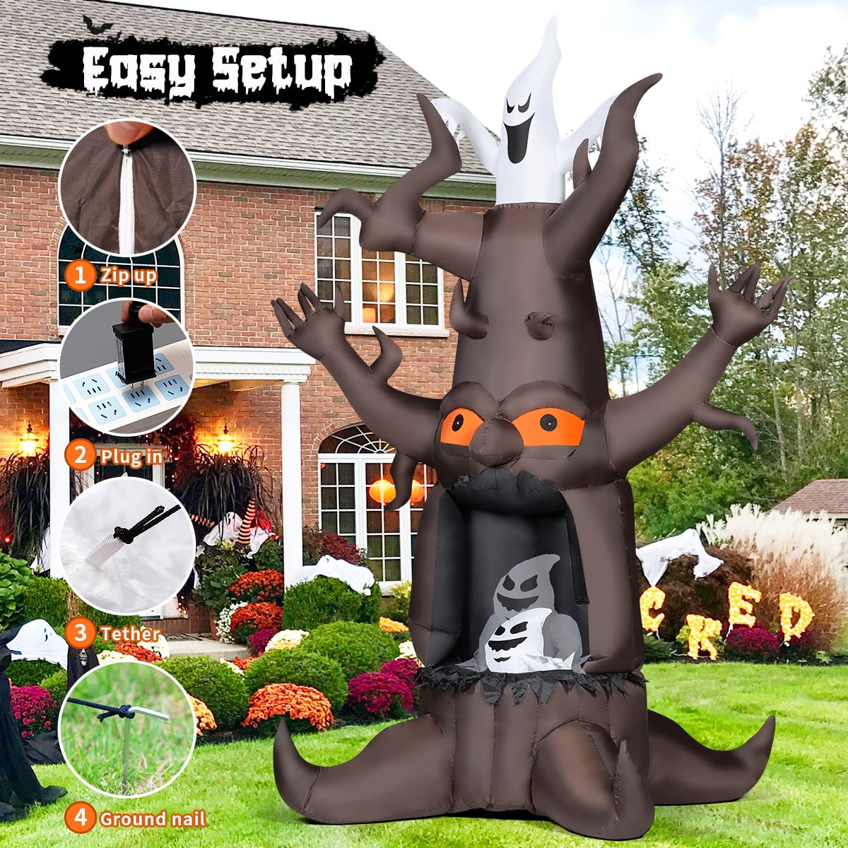 Haunt & Co Halloween Inflatables 9 FT Animated Halloween Tree Inflatables with Built-in LED lights, Scary Spooky Tree Inflatable with White Ghost, Outdoor for Halloween Holiday Party