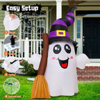 Haunt & Co Halloween Inflatables 6 FT Halloween Ghost Inflatable Grasping Broom with LED Lights, Blow up Ghost Cute Inflatable Ghost, Outdoor for Holiday Party Indoor Outdoor