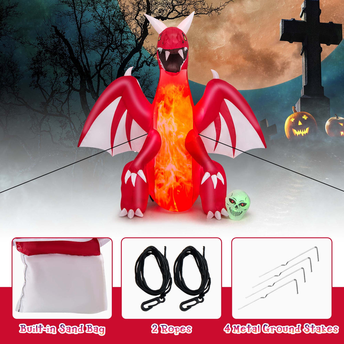 Haunt & Co Costway 8 FT Halloween Inflatable Red Dragon with Wings & Skull Holiday Decoration Light