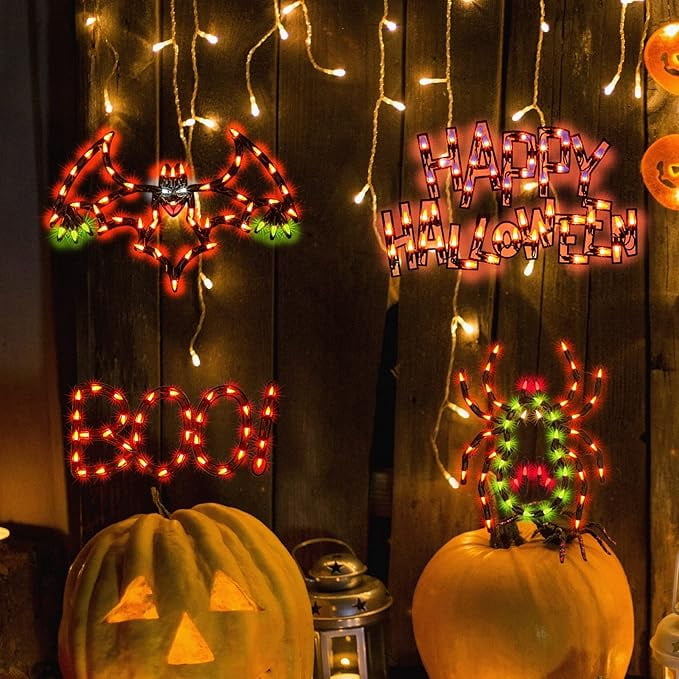 Haunt & Co 4-Pack Halloween Lighted Window Silhouette Lights, LED Hanging Ornaments with Cobweb, Pumpkin, Cat and Skull Designs