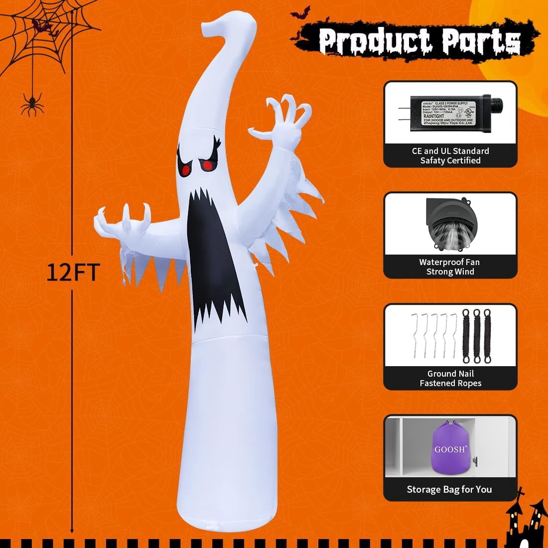 Haunt & Co 12 FT Height Halloween Inflatable Outdoor Colorful Dimming Ghost, Blow Up Yard Decoration Clearance with LED Lights Built-in for Holiday/Party/Yard/Garden