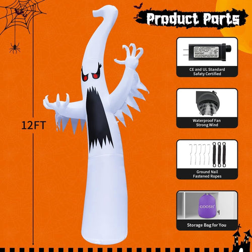 Haunt & Co 12 FT Height Halloween Inflatable Outdoor Colorful Dimming Ghost, Blow Up Yard Decoration Clearance with LED Lights Built-in for Holiday/Party/Yard/Garden