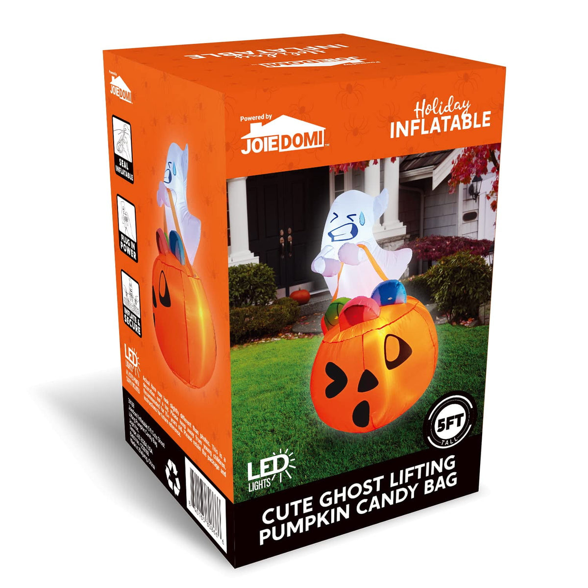 Haunt & Co 5ft Halloween Inflatables Light up Cute Ghost,Blow Up Ghost Lift Pumpkin Candy Bag with Build-in LEDs
