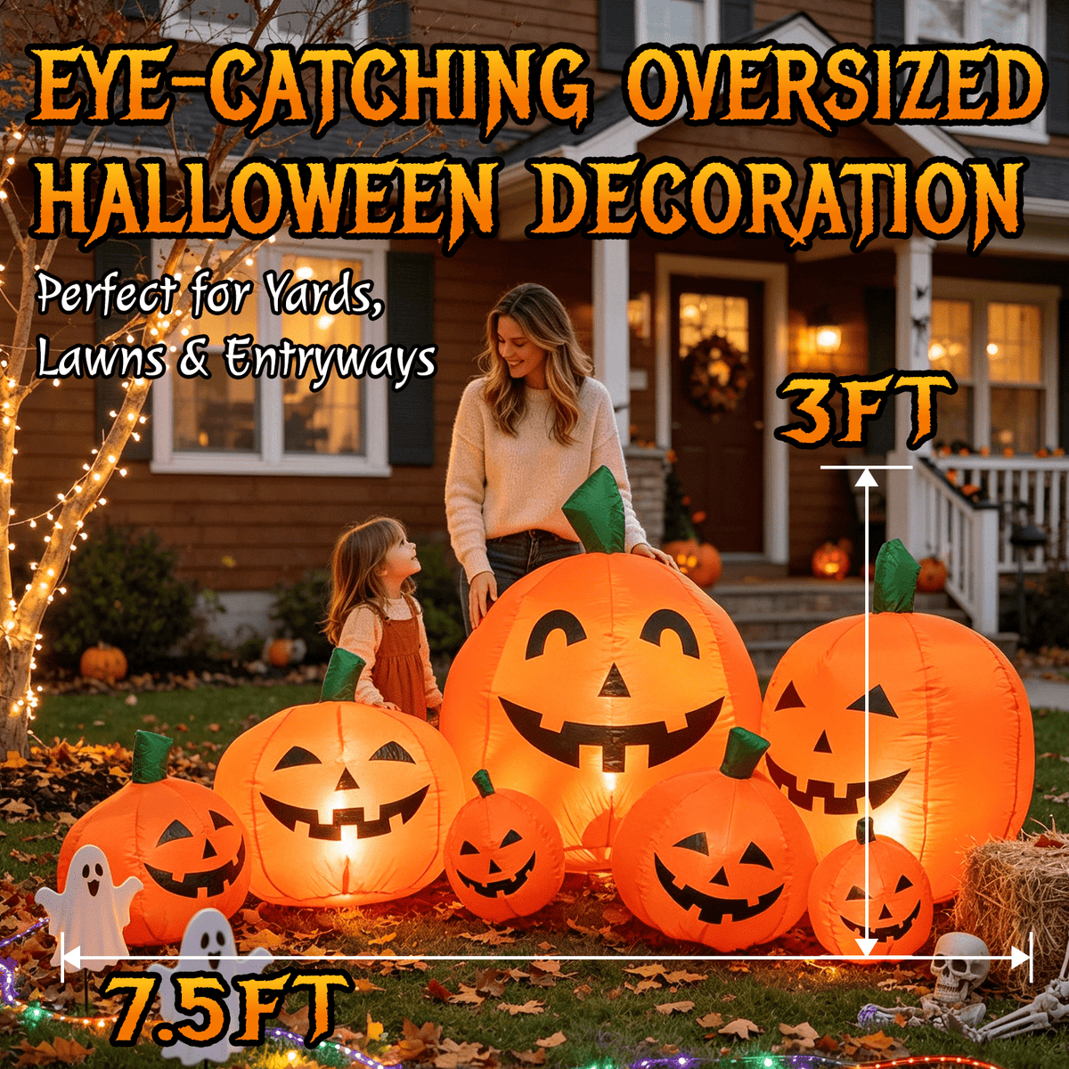 Haunt & Co 7.5 FT Long Halloween Inflatables Pumpkin Family Lighted,7 Pumpkins Blow Up Yard Decoration, Built-in LEDs, Stakes & Tethers Included