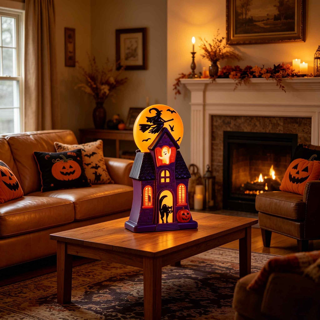 Haunt & Co 11.8 Inch Resin Light Up Spooky Halloween Manor Tabletop Decor Battery Operated LED Witch Ghost Black Cat Pumpkin Scene Lamp Mantel Shelf Indoor Halloween Party Home Seasonal Ornament