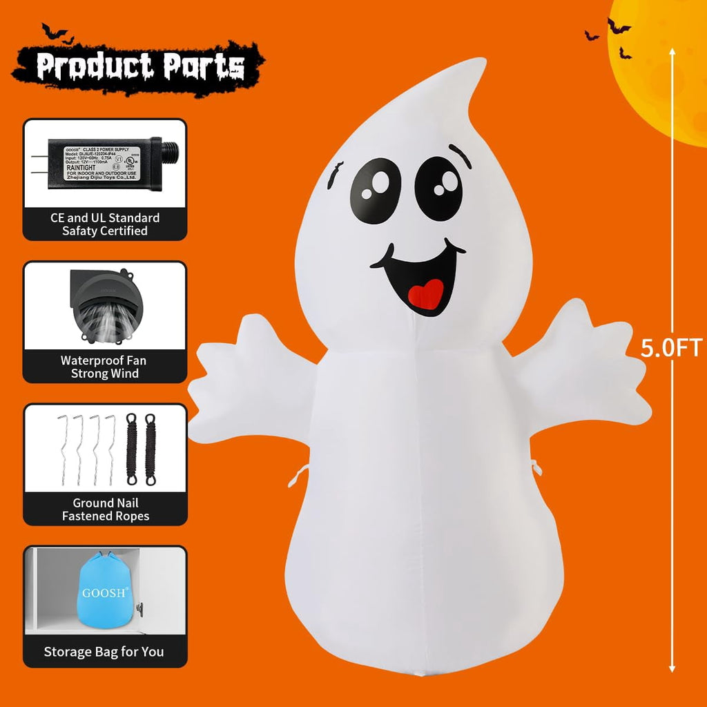 Haunt & Co Halloween Inflatables 5 FT Halloween Ghost Inflatable with Built-in LEDs, Cute Halloween Inflatable Ghost Blow up Ghost Inflatable, Outdoor for Halloween Holiday Party