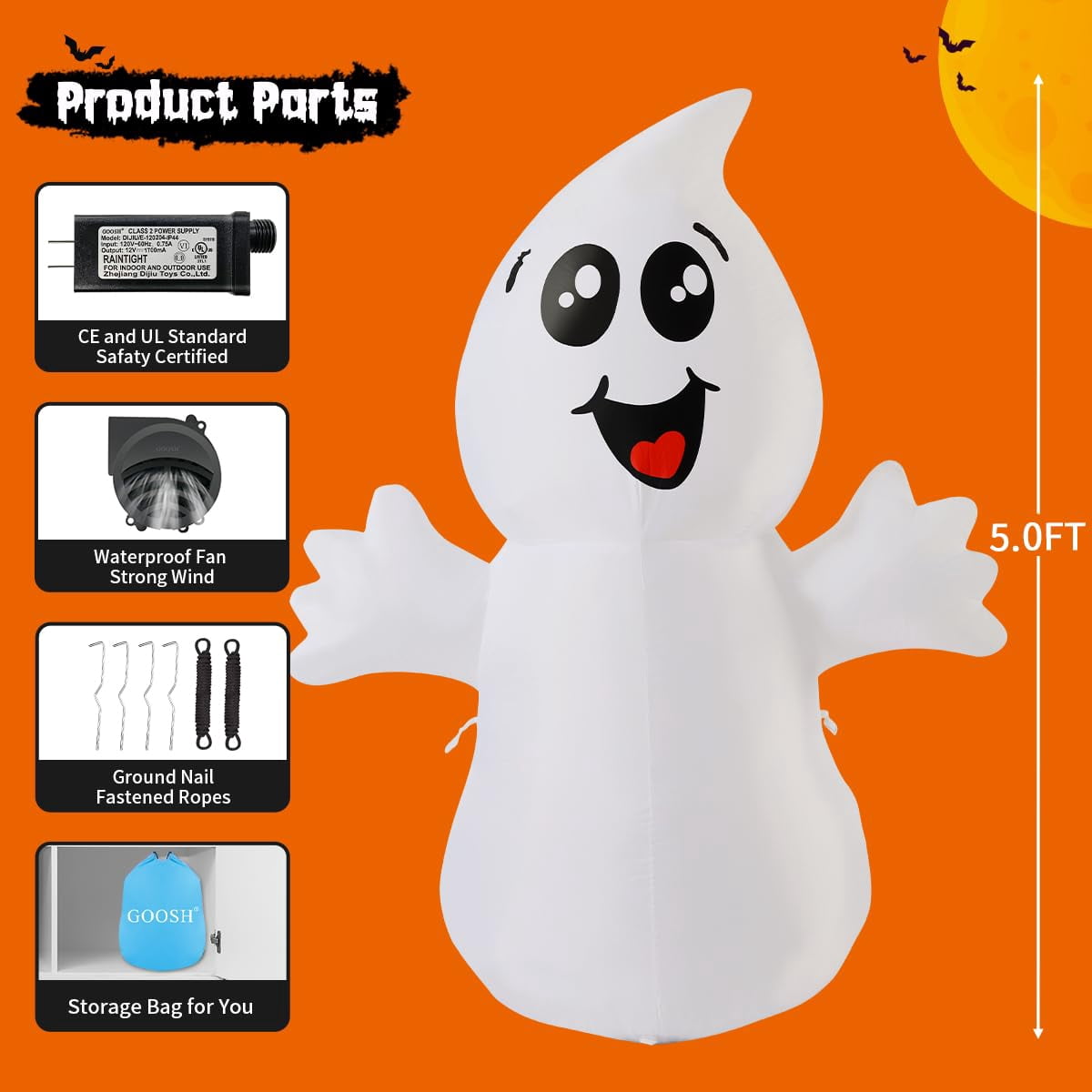 Haunt & Co Halloween Inflatables 5 FT Halloween Ghost Inflatable with Built-in LEDs, Cute Halloween Inflatable Ghost Blow up Ghost Inflatable, Outdoor for Halloween Holiday Party