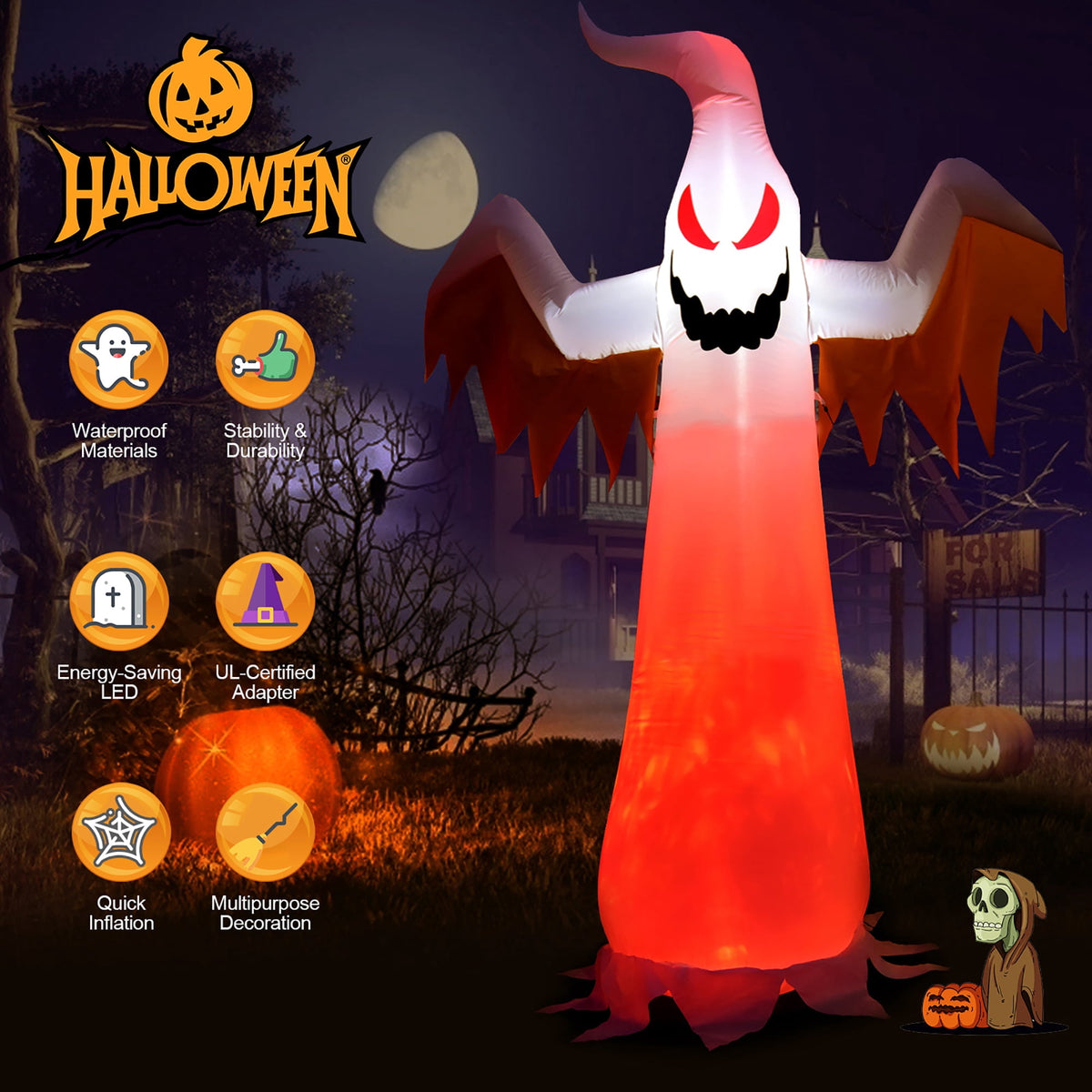 Haunt & Co Costway 8 FT Halloween Inflatable White Ghost with Rotatable Flame LED Lights