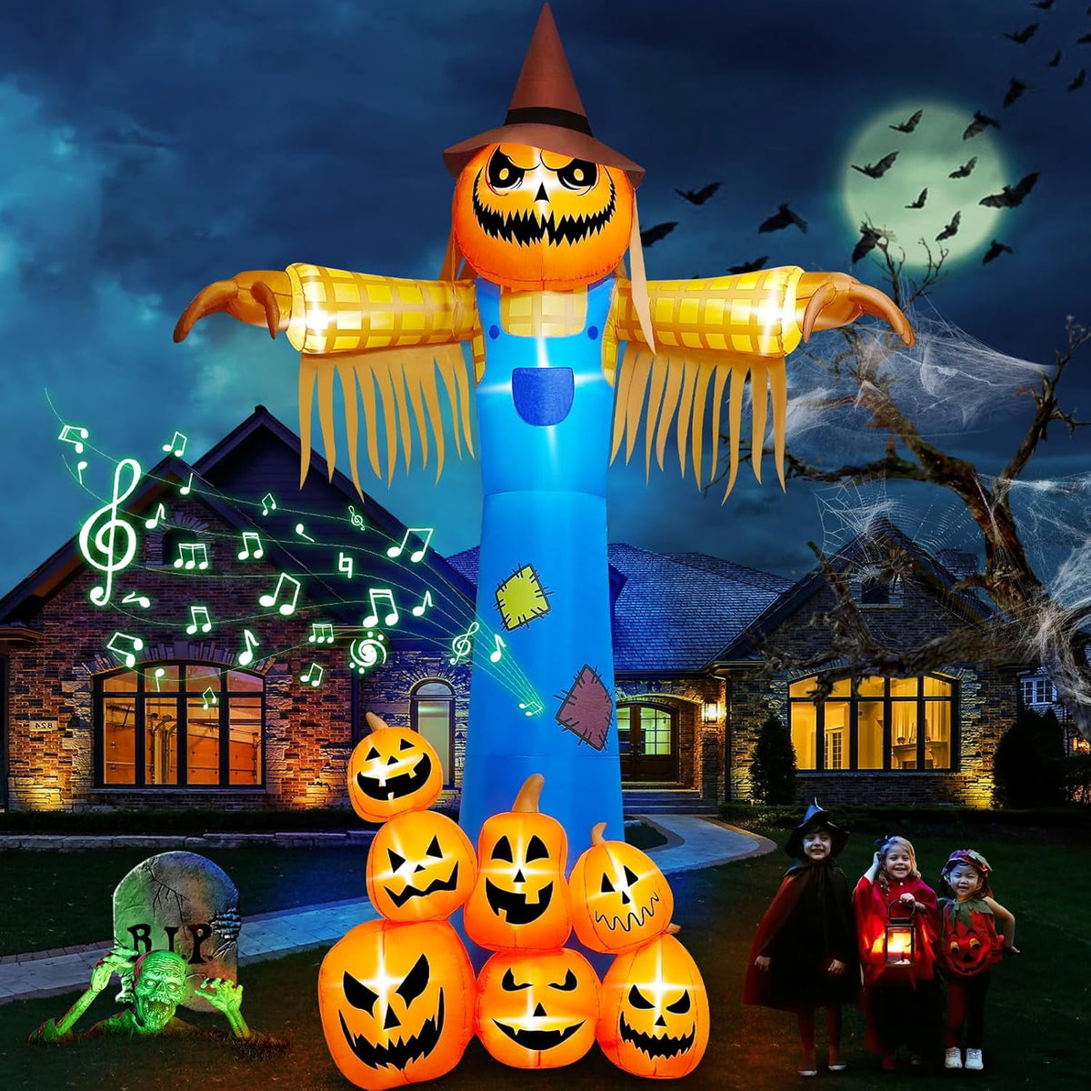 Haunt & Co 12.5 FT Halloween Inflatables with Music, Giant Pumpkin Scarecrow Inflatable with LED Light with Scary Sound