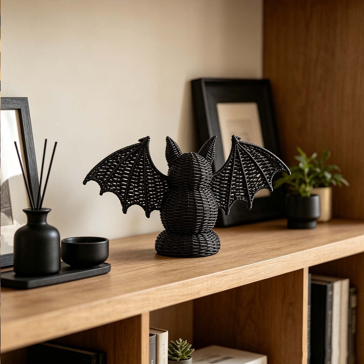 Haunt & Co SHJHENG Woven Bat Figurine â?? Black Rattan Style Halloween Decoration, Spooky Desktop Ornament for Home, Mantel, and Party Display, 7.09 Inch Tall