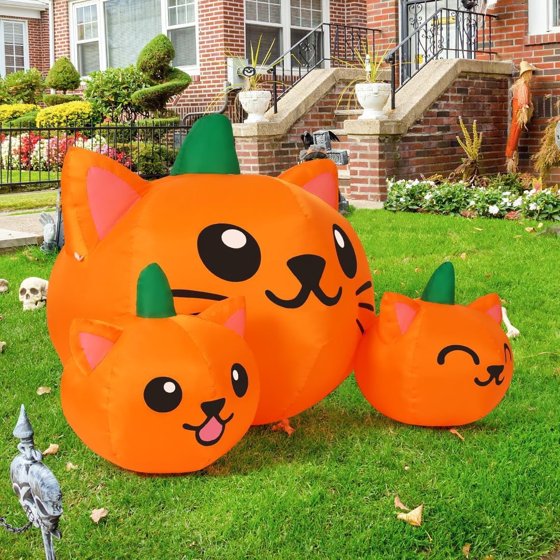 Haunt & Co COMIN Halloween Inflatable 5 FT Long Three Pumpkin Cat Head Combo with Built-in LEDs, Blow Up Yard Decoration for Holiday Party Indoor, Outdoor, Yard, Garden, Lawn