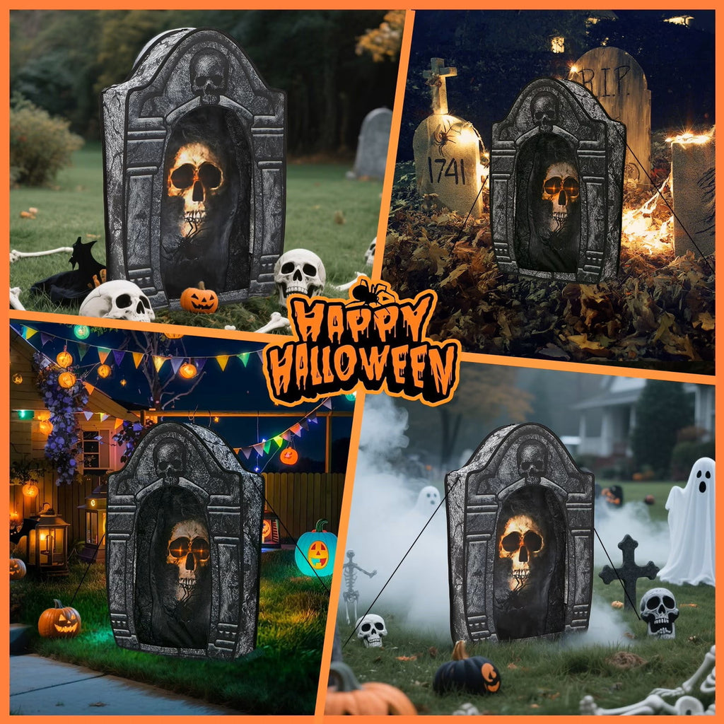 Haunt & Co Wondiair 41" Halloween Skull Tombstone with Glowing LED Eyes, Foldable Outdoor Graveyard Decoration