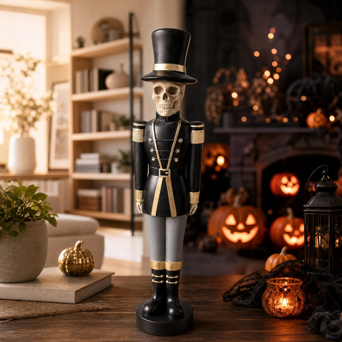 Haunt & Co 14" Resin Skeleton Nutcracker Figurine, Halloween Soldier Statue, Hand Painted Black Gold Nutcracker Ornament for Holiday Tabletop Decoration