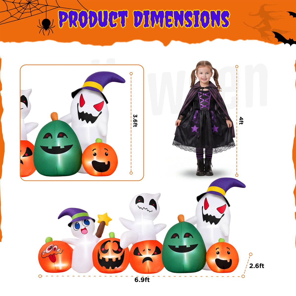 Haunt & Co (2 pack) 7ft Long Halloween Inflatable with Lights,Pumpkin Ghost