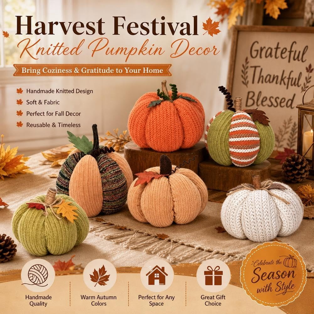Haunt & Co Knitted Pumpkin Decor, Fall Harvest Crochet Pumpkins, Cute Knit Pumpkin Ornaments for Halloween Thanksgiving Home Decor, Fall Room Mantel Table Decoration (RL)