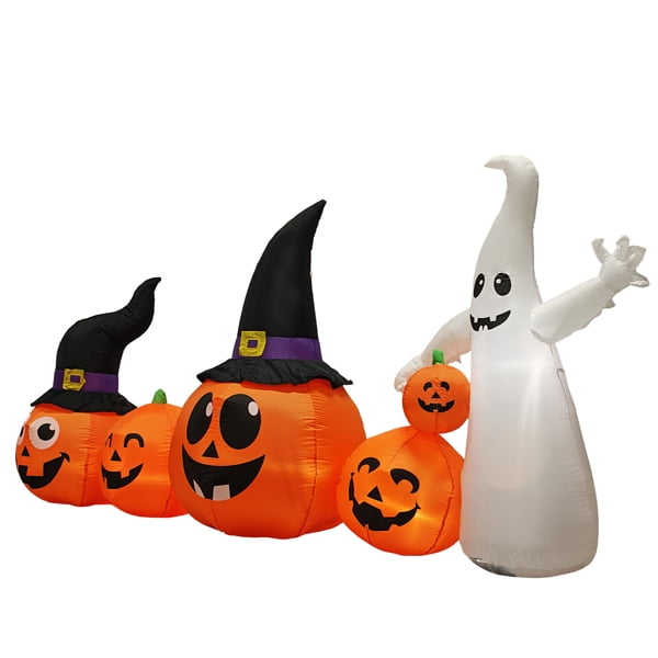 Haunt & Co 8FT Halloween Inflatable Pumpkin Ghost Scene, 5 Total LEDs, Waterproof Polyester, Quick Inflation with Stakes/Ropes