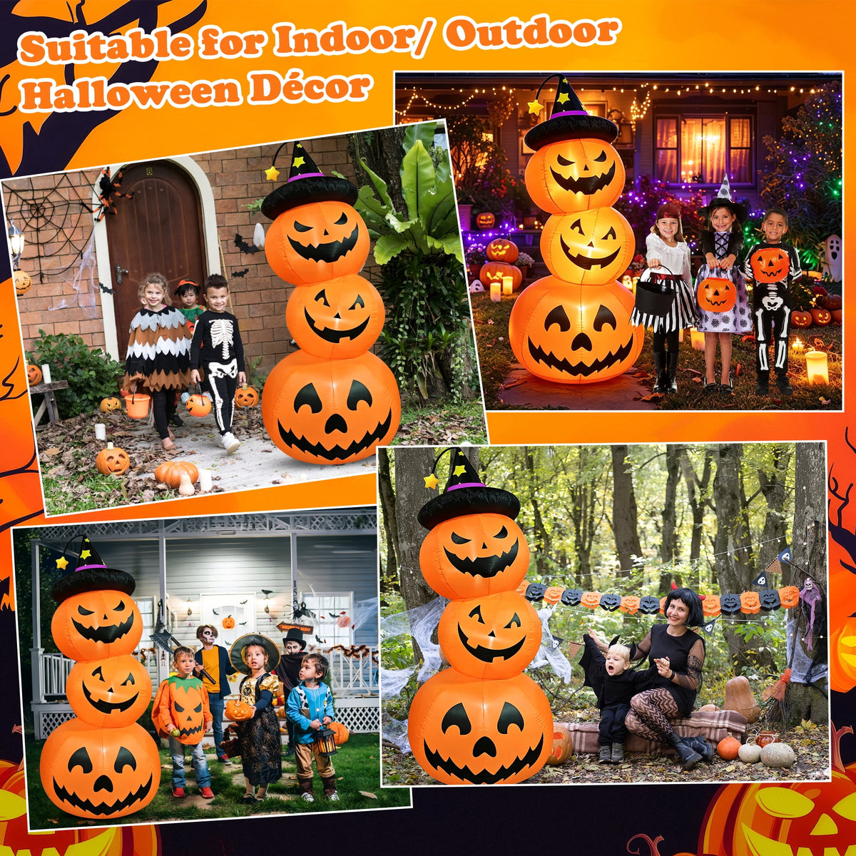 Haunt & Co Faburo 6FT Halloween Inflatable Pumpkin Stack with LED Lights, 3 Jack O Lantern Blow Up Outdoor
