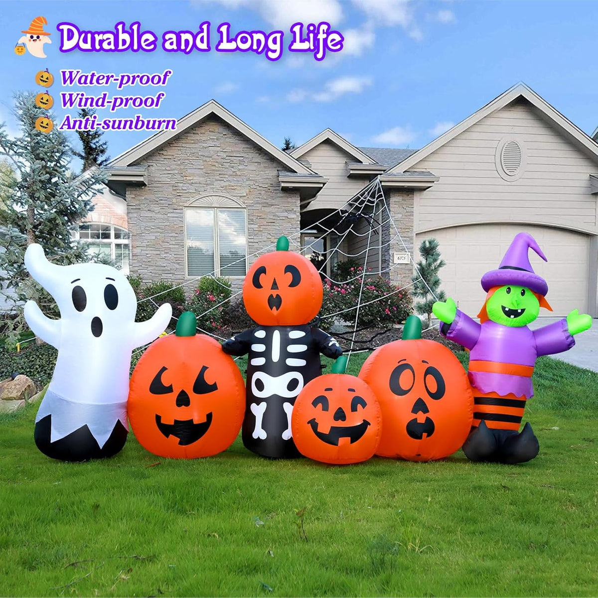 Haunt & Co 8FT Length Halloween Inflatable Witch, Ghost, with Pumpkin Outdoor Decoration