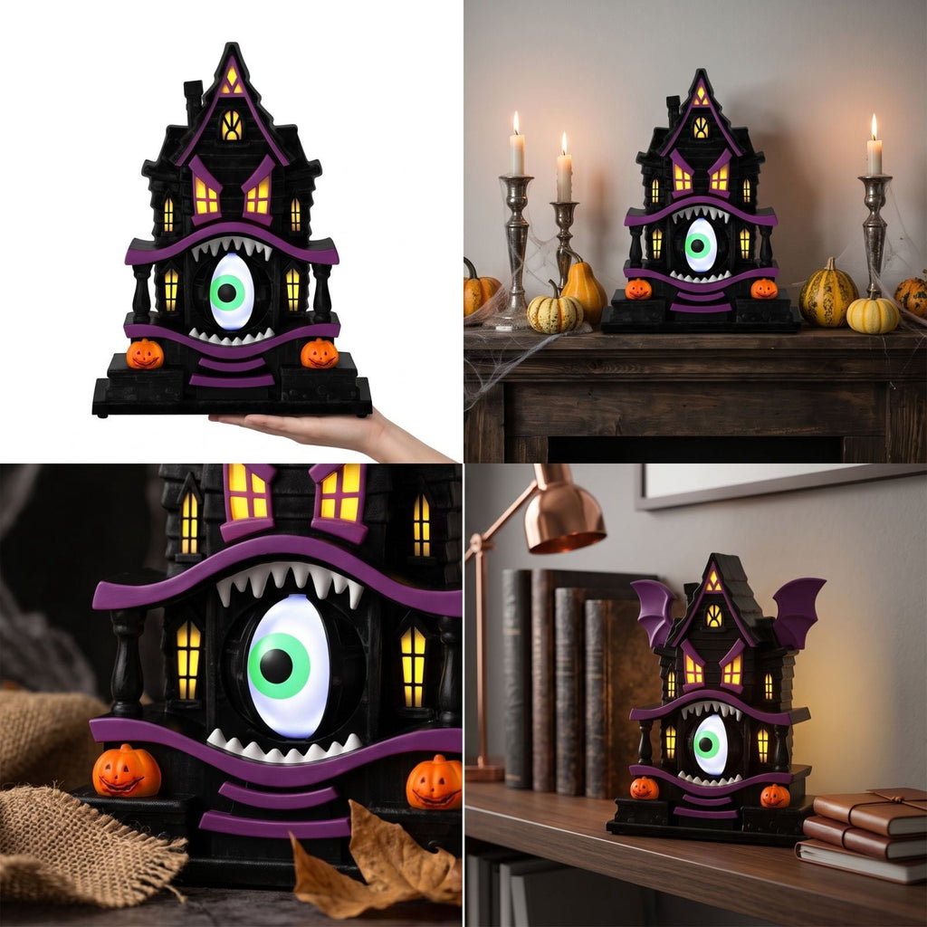 Haunt & Co Light Up Gothic Monster House Figurine, Built In Warm Internal Illumination Castle Decor, Anti Toppling Detailed Sculpted Desktop Ornament for Household Indoor Halloween Party Display