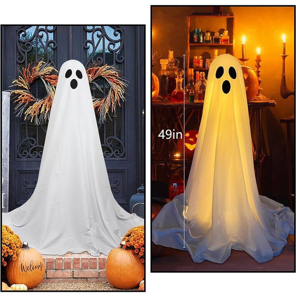 Haunt & Co Halloween Ghost Decorations 8ft Tall Glowing White Fabric Ghost with Light Stand