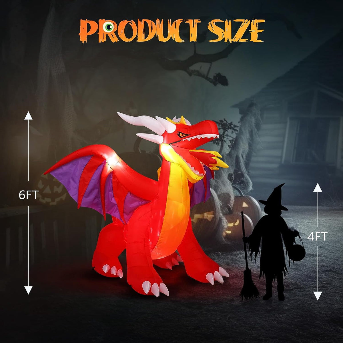 Haunt & Co VINGLI 6FT Tall Halloween Inflatables Outdoor Decorations, Blow Up Scary Fire-Breathing Dragon , Built-in LED Lights Décor