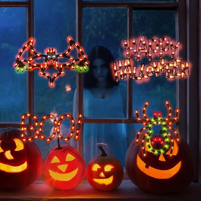 Haunt & Co 4-Pack Halloween Lighted Window Silhouette Lights, LED Hanging Ornaments with Cobweb, Pumpkin, Cat and Skull Designs