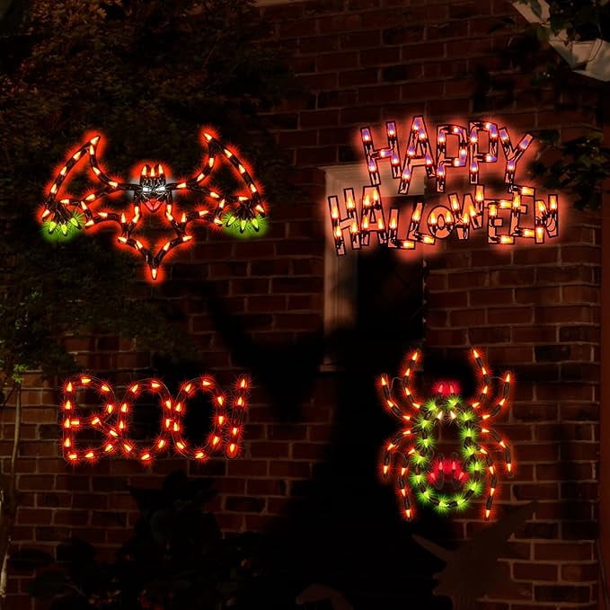 Haunt & Co 4-Pack Halloween Lighted Window Silhouette Lights, LED Hanging Ornaments with Cobweb, Pumpkin, Cat and Skull Designs