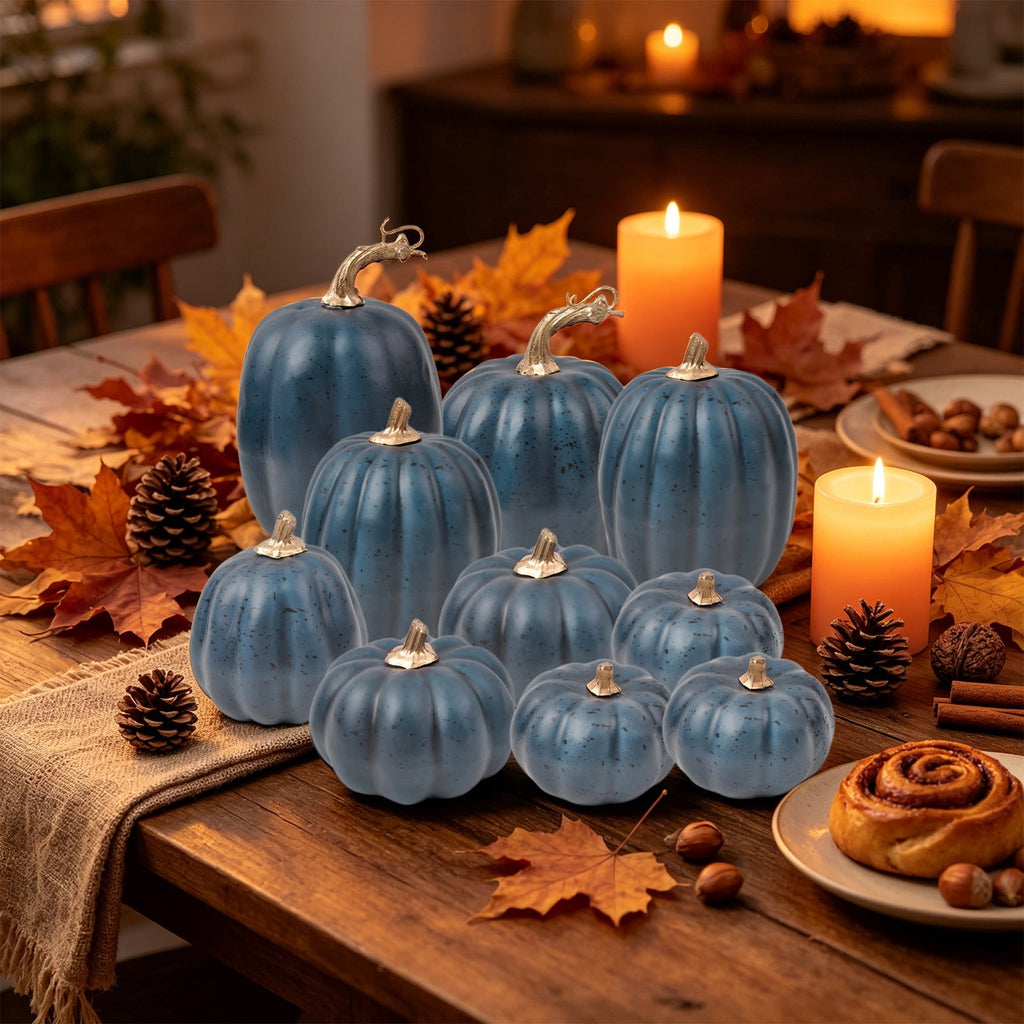 Haunt & Co Blue Artificial Pumpkins Decor Foam Pumpkin Ornament Fall Harvest Thanksgiving Halloween Mantel Tiered Tray Table Centerpiece Home Decoration Speckled Rustic Display Accent
