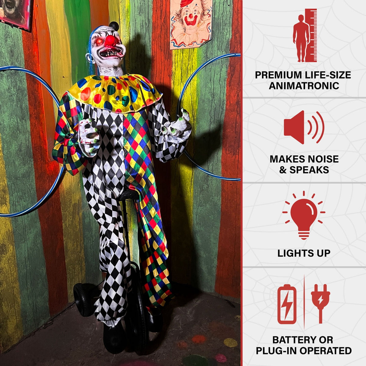 Haunt & Co 5.9 ft Voice & Sound-Sensor Clown on Tricycle Halloween Animatronic