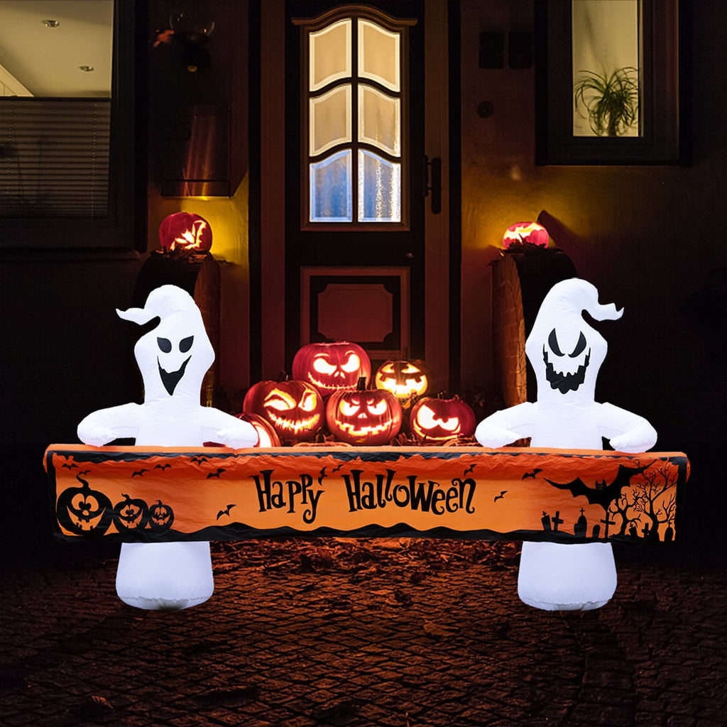 Haunt & Co Large Hallowee Inflatable-8FT White Ghosts with Orange Banner Print - Happy Halloween - LED Lights Outdoor Blow Up Decoration