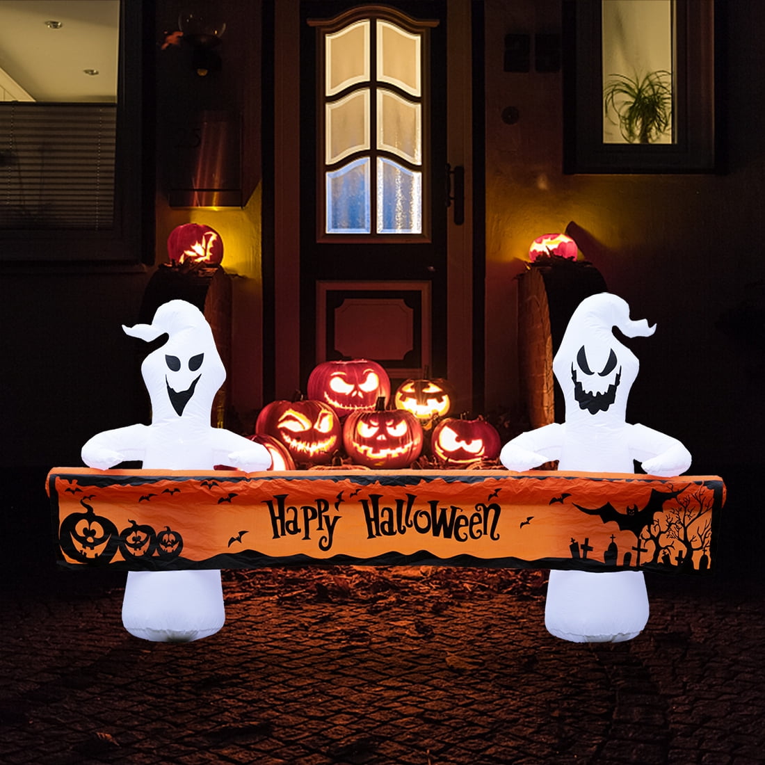 Haunt & Co Large Hallowee Inflatable-8FT White Ghosts with Orange Banner Print - Happy Halloween - LED Lights Outdoor Blow Up Decoration