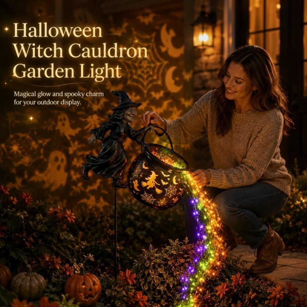 Haunt & Co Halloween Witch Cauldron Garden Light, Waterfall-Style Enchanted Witch Cauldron Garden Decoration, Halloween LED Projector Lights Decorations Outdoor with Stake