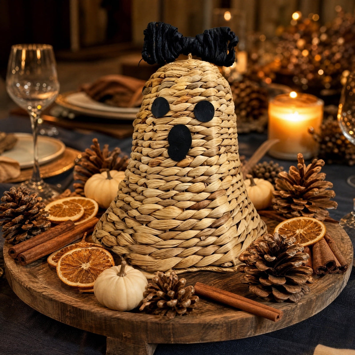 Haunt & Co Halloween Woven Ghost Figurine Water Hyacinth Straw Ornament Black Bow Tabletop Decor Cute Spooky Holiday Decoration For Mantel Shelf Home Cottage Fall Gift
