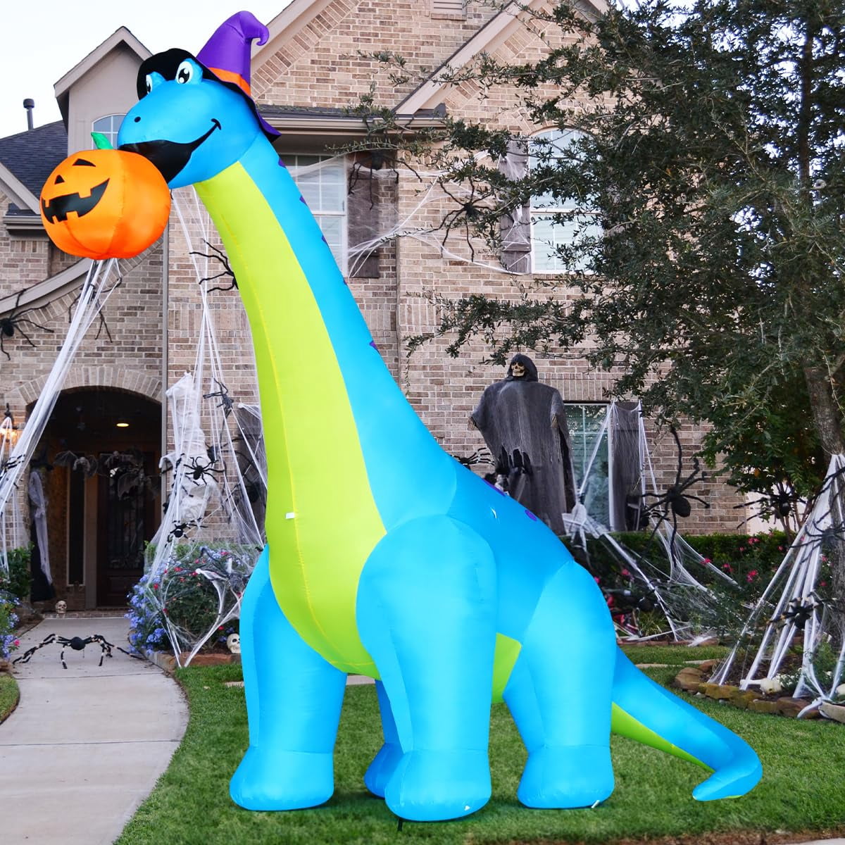 Haunt & Co COMIN Halloween Inflatables 10 FT Tall Dinosaurs Eating Pumpkin Blow Up Yard Decoration with Built-in LED