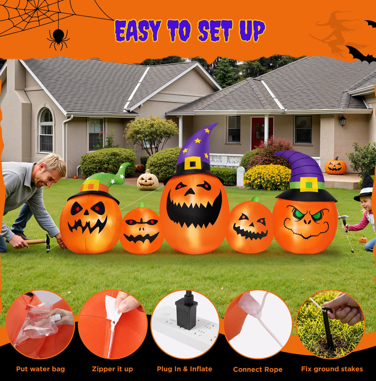 Haunt & Co (2 pack) 8FT Halloween Inflatable Pumpkins Blow ups Outdoor Decorations, Five Pumpkins with LED Lights