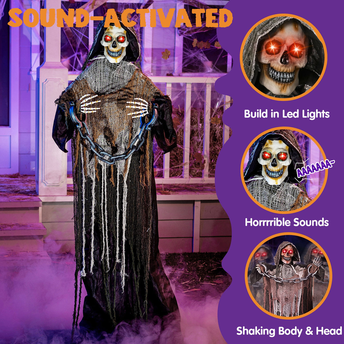 Haunt & Co 67" Standing Grim Reaper with Chain, Large Outdoor, Life Size Animatronics Skelton, Sound-Actived Party Decor with Creepy Sound & LED Eyes, Scary Haunted House Props