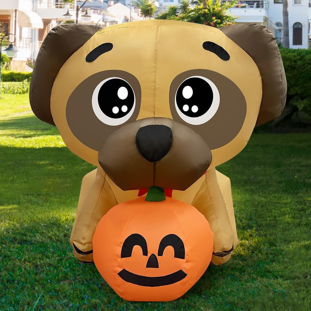 Haunt & Co COMIN 5 FT Halloween Inflatables Dog Outdoor Yard Decorations Blow Up Pug Holding Pumpkin with Built-in LEDs