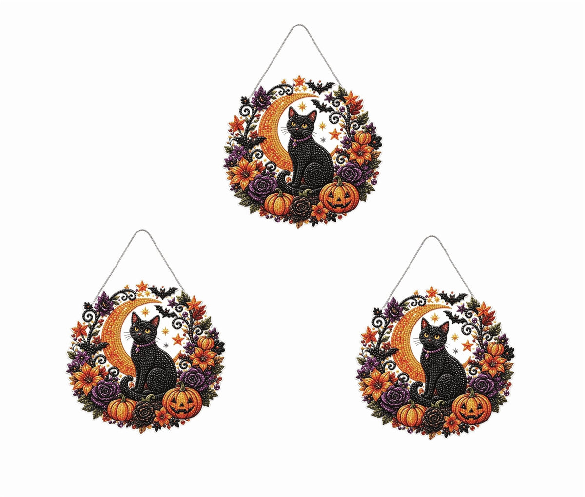 Haunt & Co 3Pcs Halloween Black Cat Moon Diamond Art Hanging Ornament Kitï¼?9.84 inch Halloween Diamond Art, Suspended Ghost Feline, Pumpkin Autumn Crafts, Double Sided Prerendered Shading Pendant