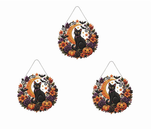 Haunt & Co 3Pcs Seasonal Fall & Halloween Diamond Art Kit,9.84 inch Halloween Cat Pumpkin Hanging Decor, Diamond Art Painting Hanging Ornament, Halloween Decorations for Home