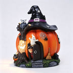 Haunt & Co Luminous Resin Witch Pumpkin House Figurine, Intricate Details Stable Resin Warm Built In Lighting, Festive Desktop Ornament, Craft for Living Room Porch Halloween Party Space