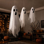 Haunt & Co OCCOA 3 Pack Hanging Ghost Decorations White Glitter Cloth Ghost Ornaments with Surprised Face for Halloween Indoor Outdoor Party Porch, White