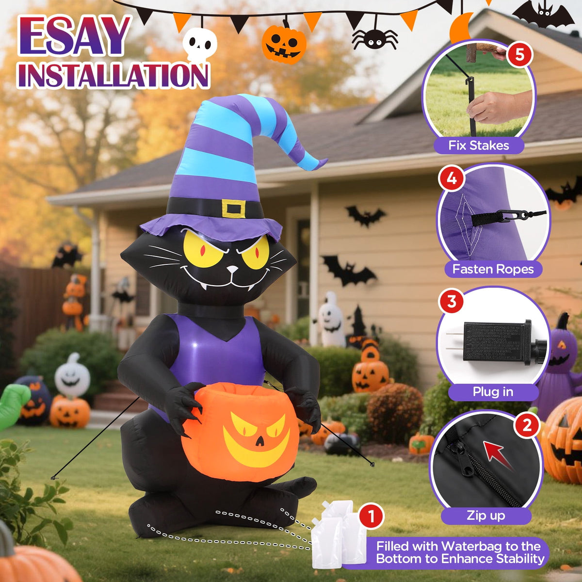 Haunt & Co Toiyjofe 6ft Halloween Inflatable Black Cat with Jack-o'-Lantern & LED Lights, Trick-or-Treat Yard Decoration with Witch Hat