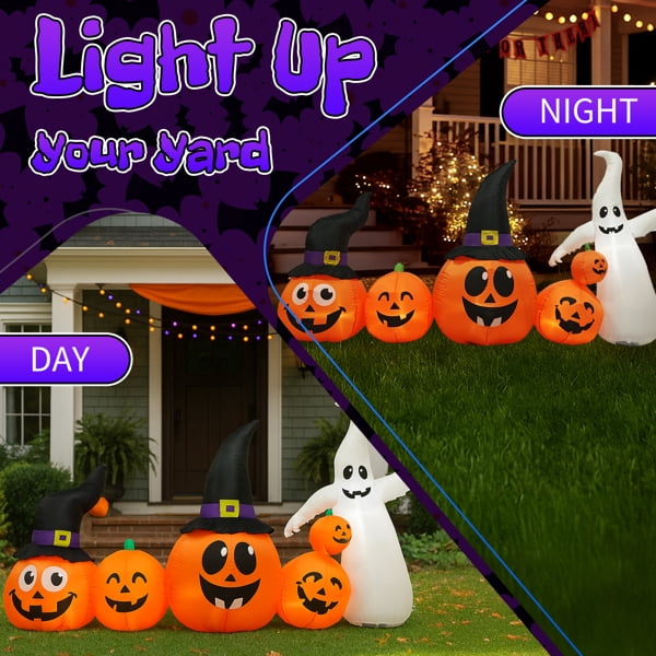 Haunt & Co 8FT Halloween Inflatable Pumpkin Ghost Scene, 5 Total LEDs, Waterproof Polyester, Quick Inflation with Stakes/Ropes