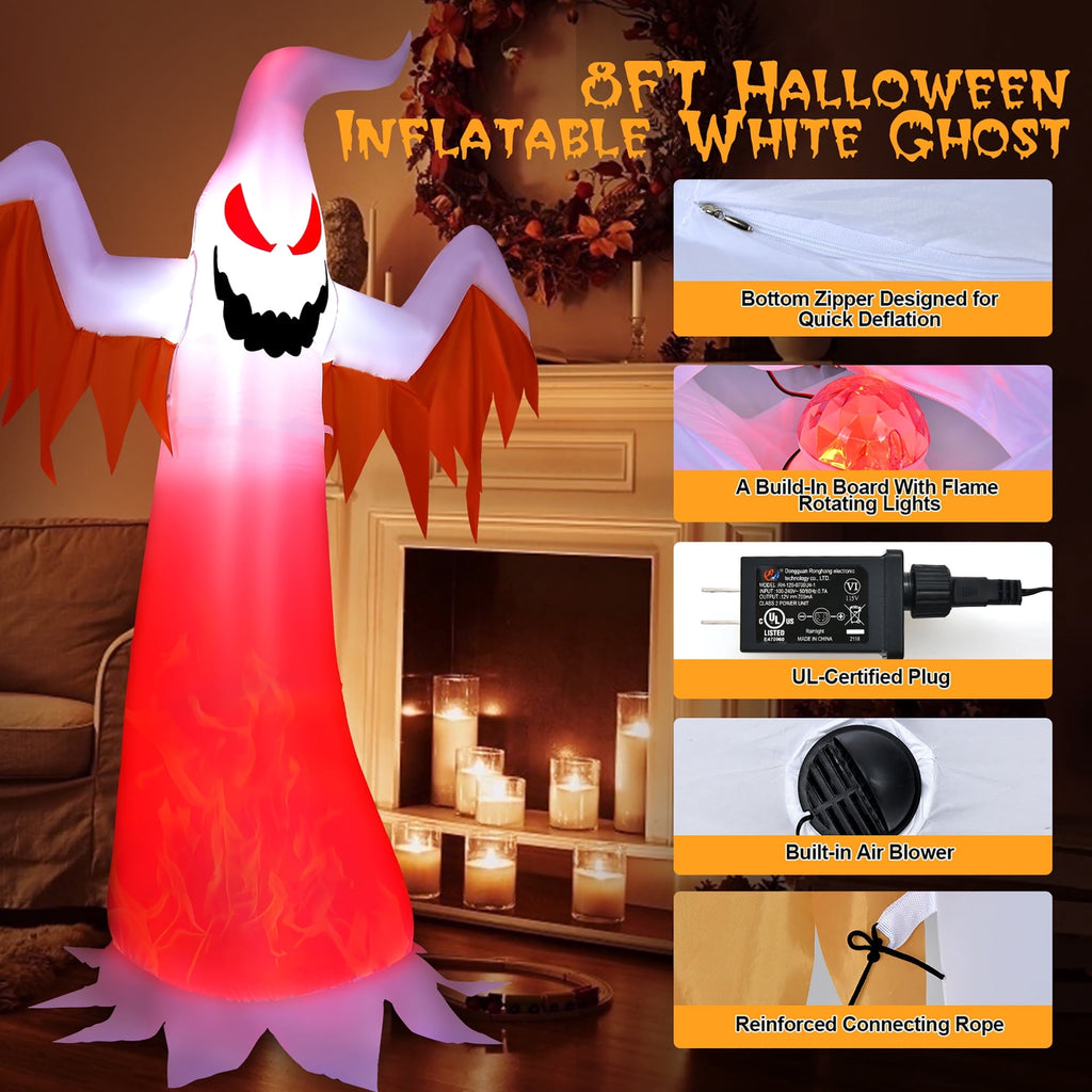 Haunt & Co Costway 8 FT Halloween Inflatable White Ghost with Rotatable Flame LED Lights